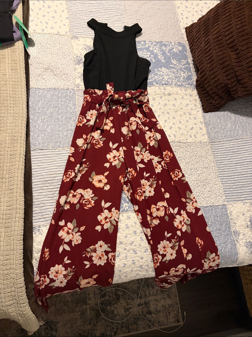 Rue21 Black Bodice Burgundy Floral Wide-Leg Jumpsuit